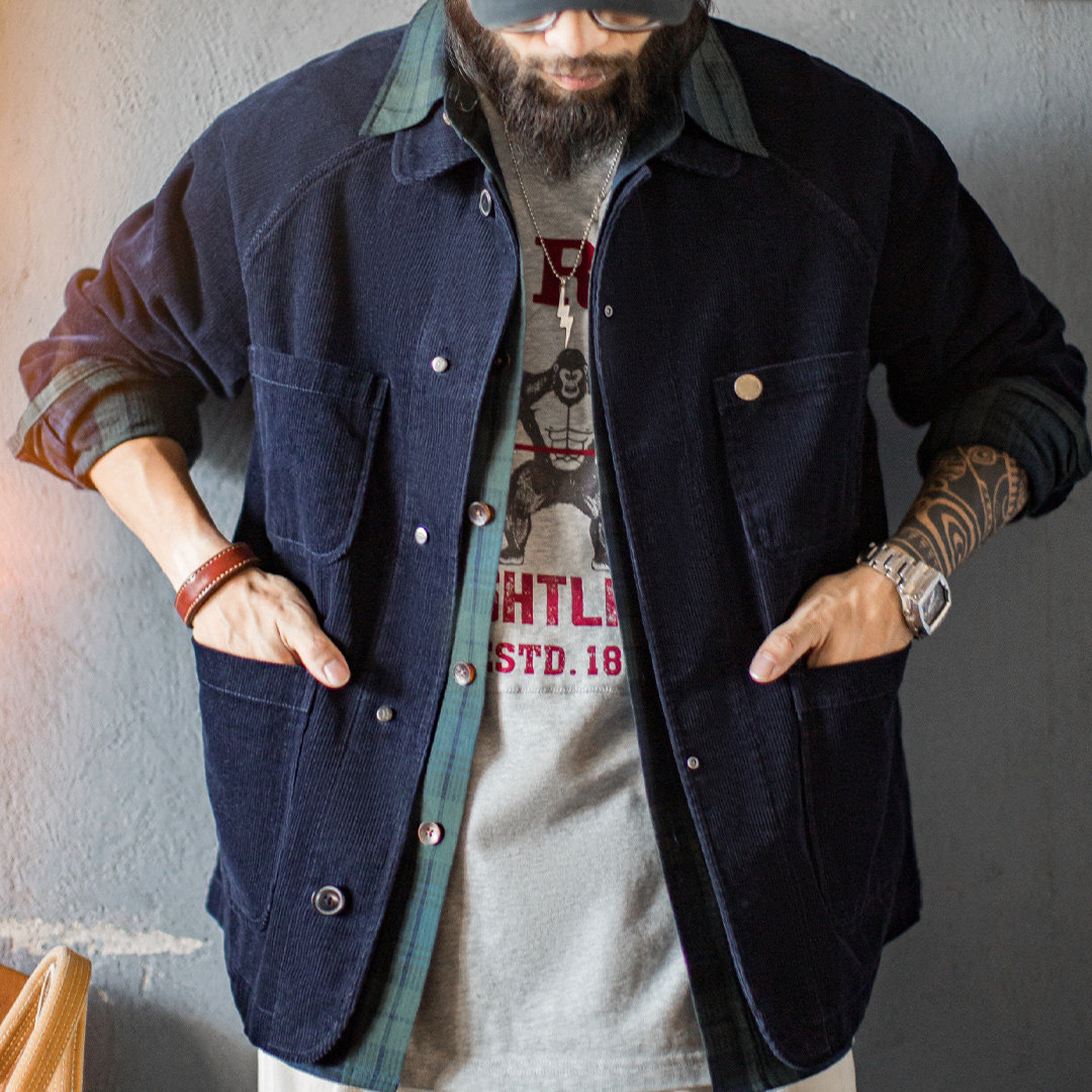 美式復古燈芯絨四袋獵裝夾克短款藏藍色翻領薄款外套男春