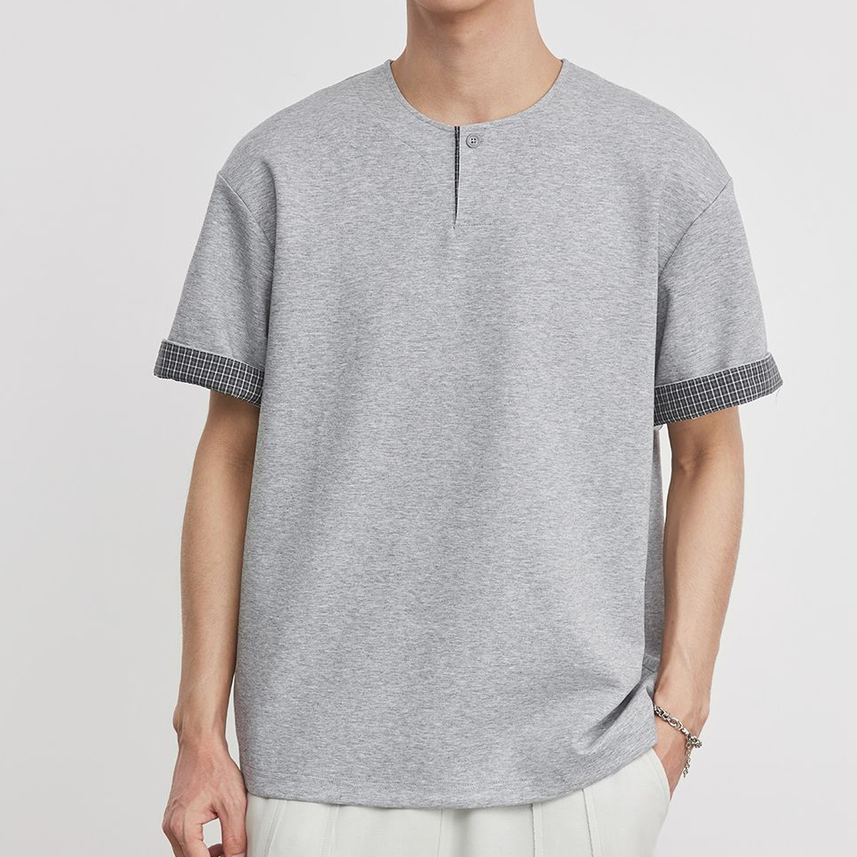 重磅260g格紋拼接小V領T恤男夏季亨利領寬鬆休閒街頭通勤短袖