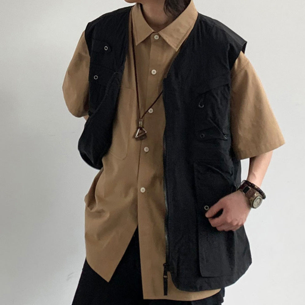 夏復古工裝短袖襯衫男女學生寬松基礎款廓形休閑襯衣