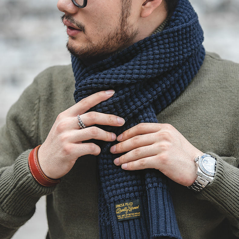 美式復古淺灰針織毛線圍巾秋冬含羊毛純色保暖圍脖男潮