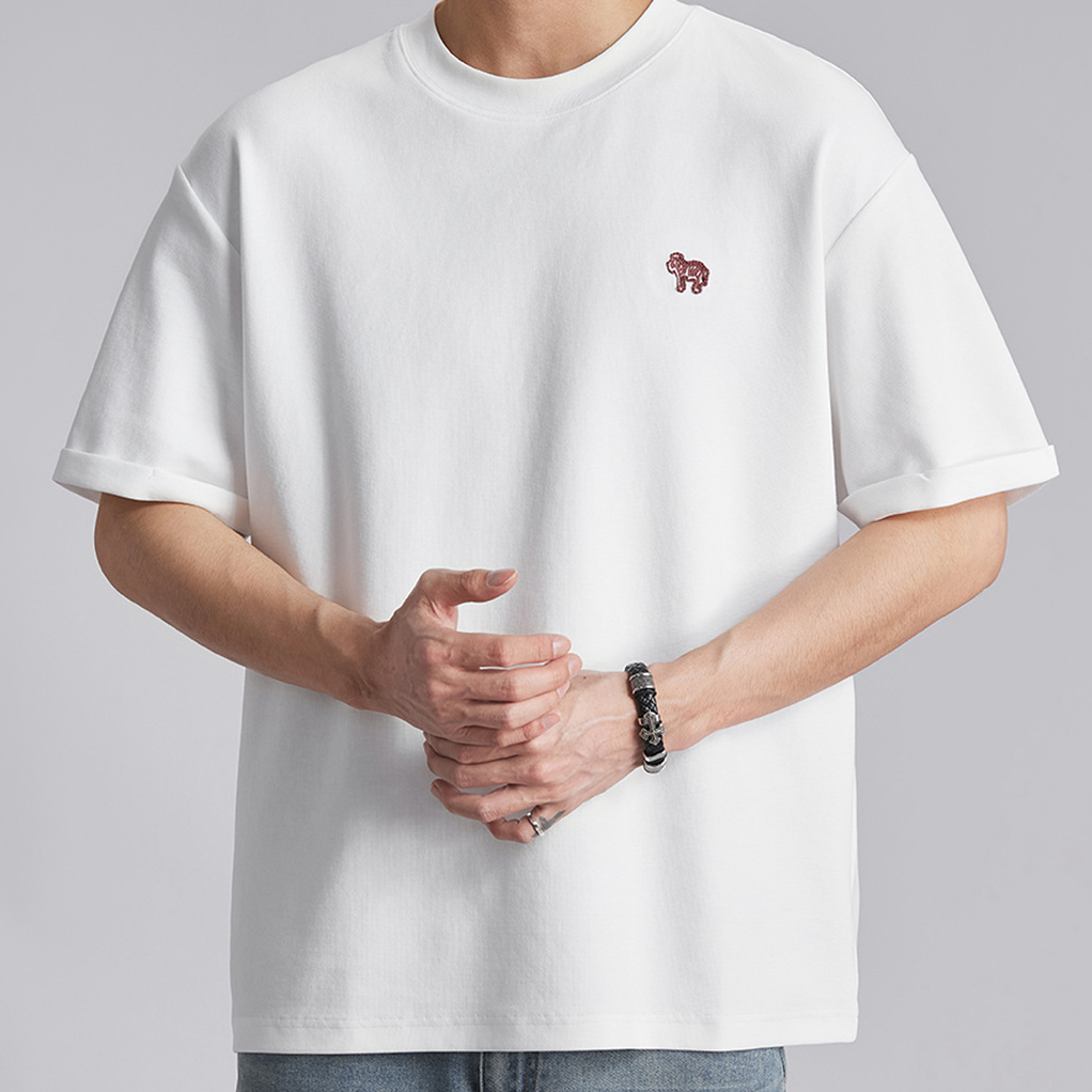 小標刺繡撞色T恤男夏季圓領寬鬆親膚透氣日常百搭休閒短袖