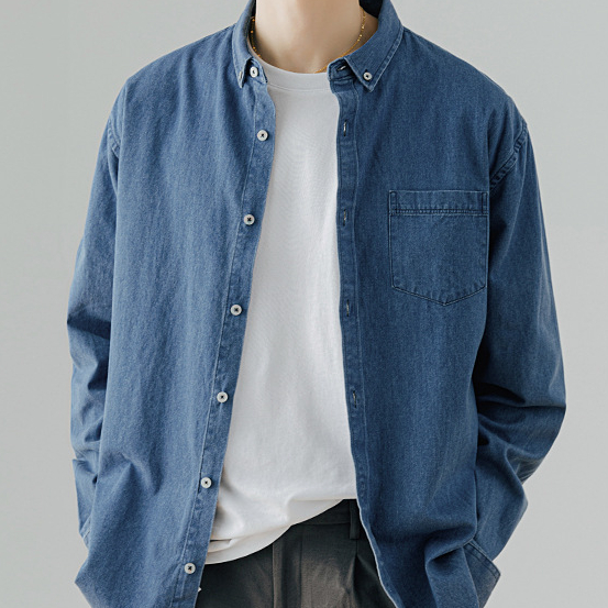 牛仔長袖襯衫男青年春秋韓版潮流休閒純色工裝襯衣外套男