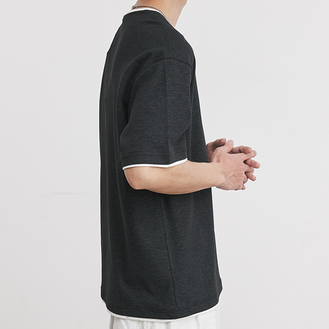 意式老錢風假兩件復古亨利領針織短袖T恤男美式純色休閒春夏