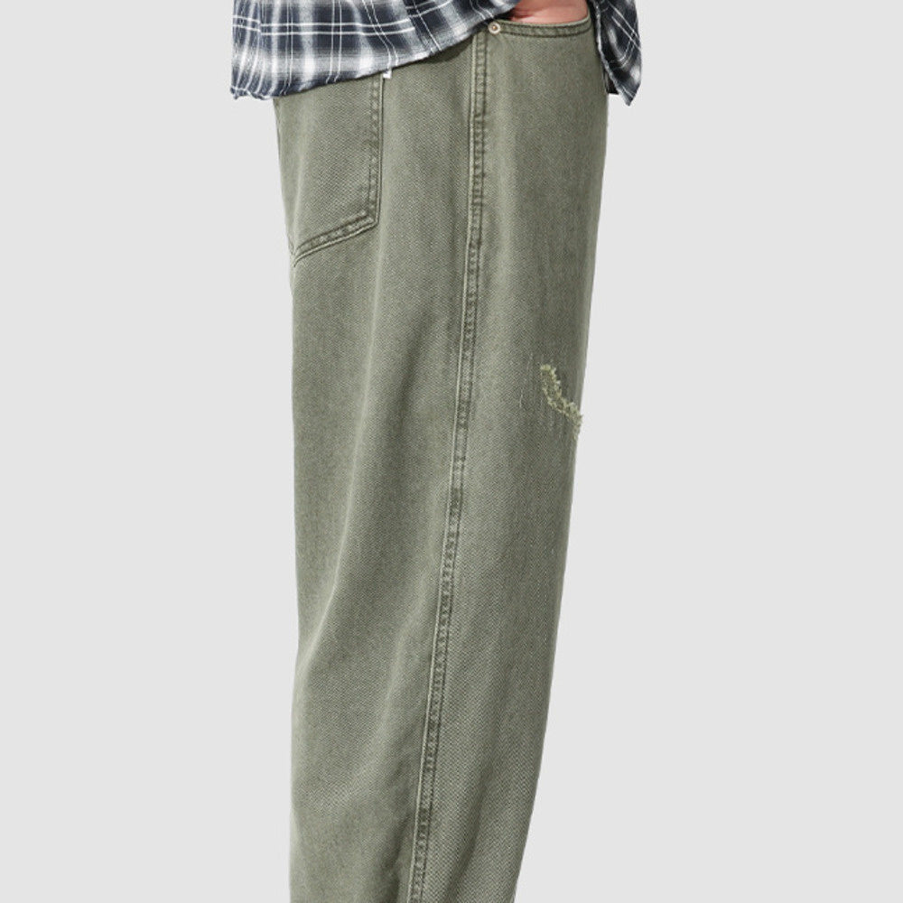 重工水洗純棉牛仔褲男春季新款寬松直筒休閑長褲