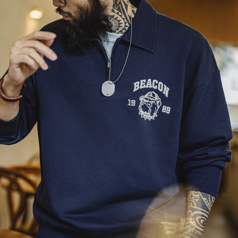 美式復古立體刺繡半開襟衛衣休閒翻領套頭polo衫上衣男春