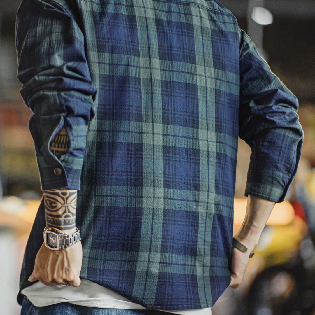 美式復古藍綠色格子襯衫外套純棉肌理感長袖薄款襯衣男秋