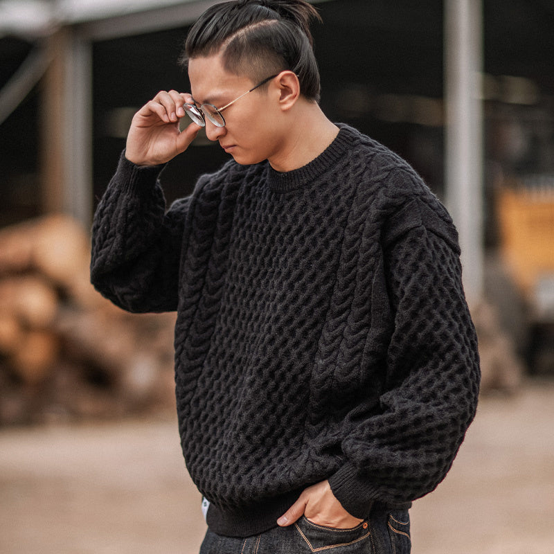 靛海阿美咔叽麻花寬松圓領針織衫男美式落肩套頭毛衣秋冬