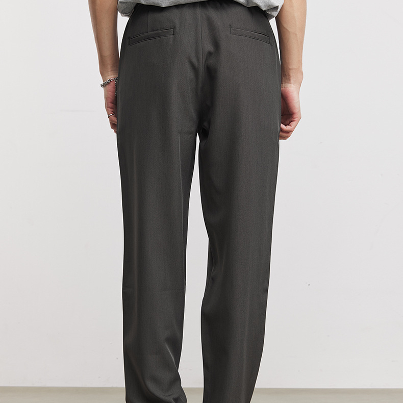 垂墜肌理冰絲抽繩商務休閒褲男夏季寬鬆直筒通勤褶皺闊腿西褲