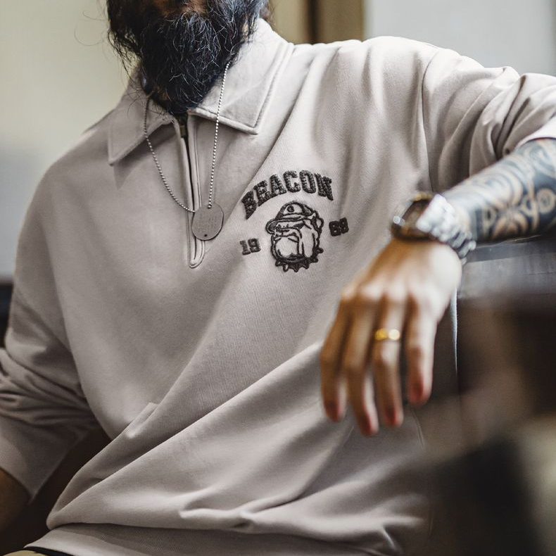 美式復古立體刺繡半開襟衛衣休閒翻領套頭polo衫上衣男春