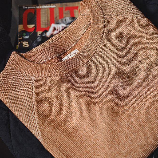 美式復古橙色針織衫短袖休閒寬鬆圓領薄款透氣T恤男夏季