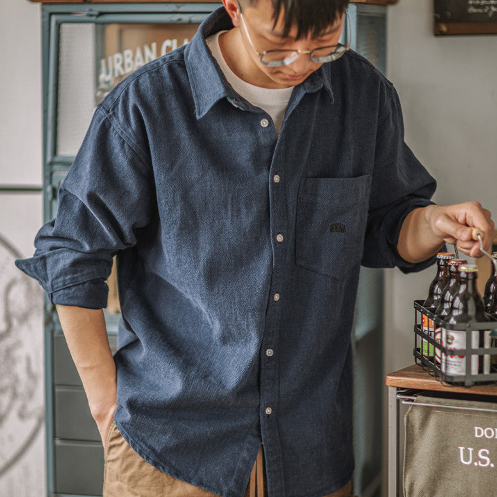 全棉磨毛厚寬松工裝襯衫純色長袖休閑襯衣男春秋外套