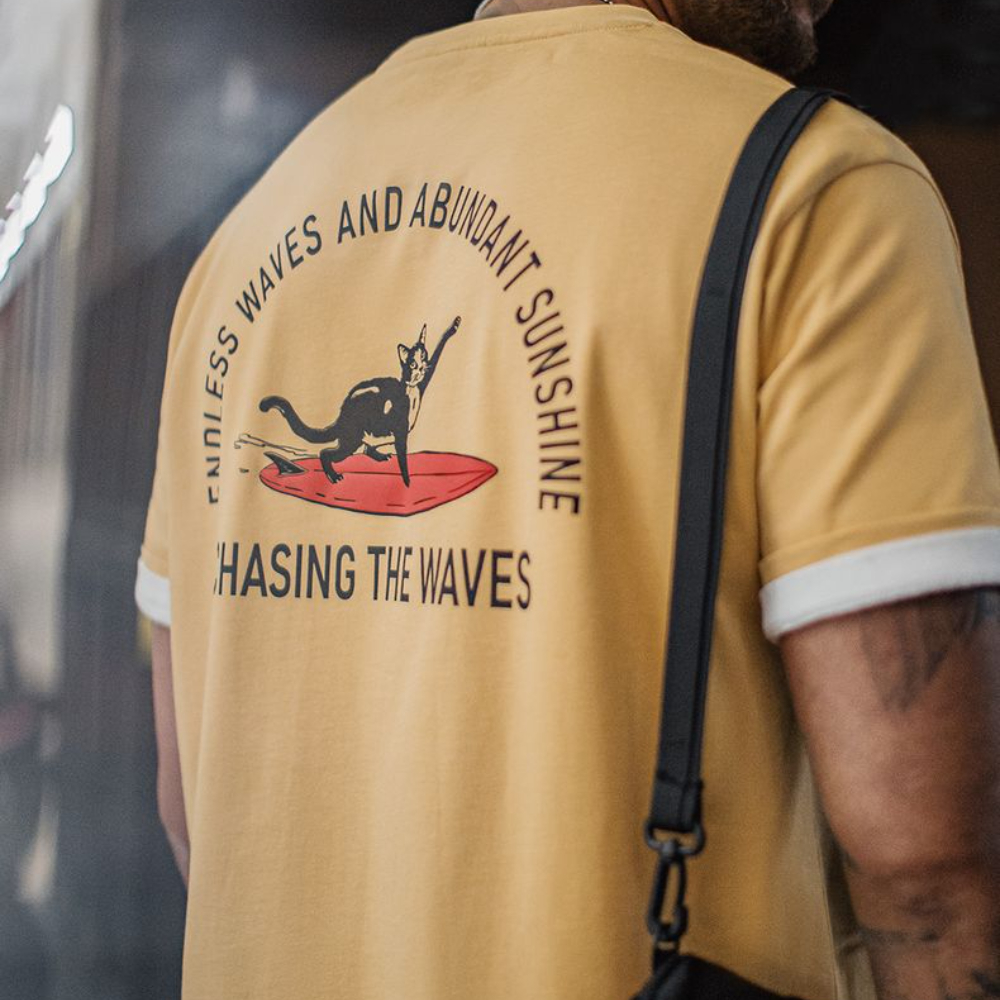 美式復古後背發泡印花T恤重磅薑黃色小眾創意短袖男款夏