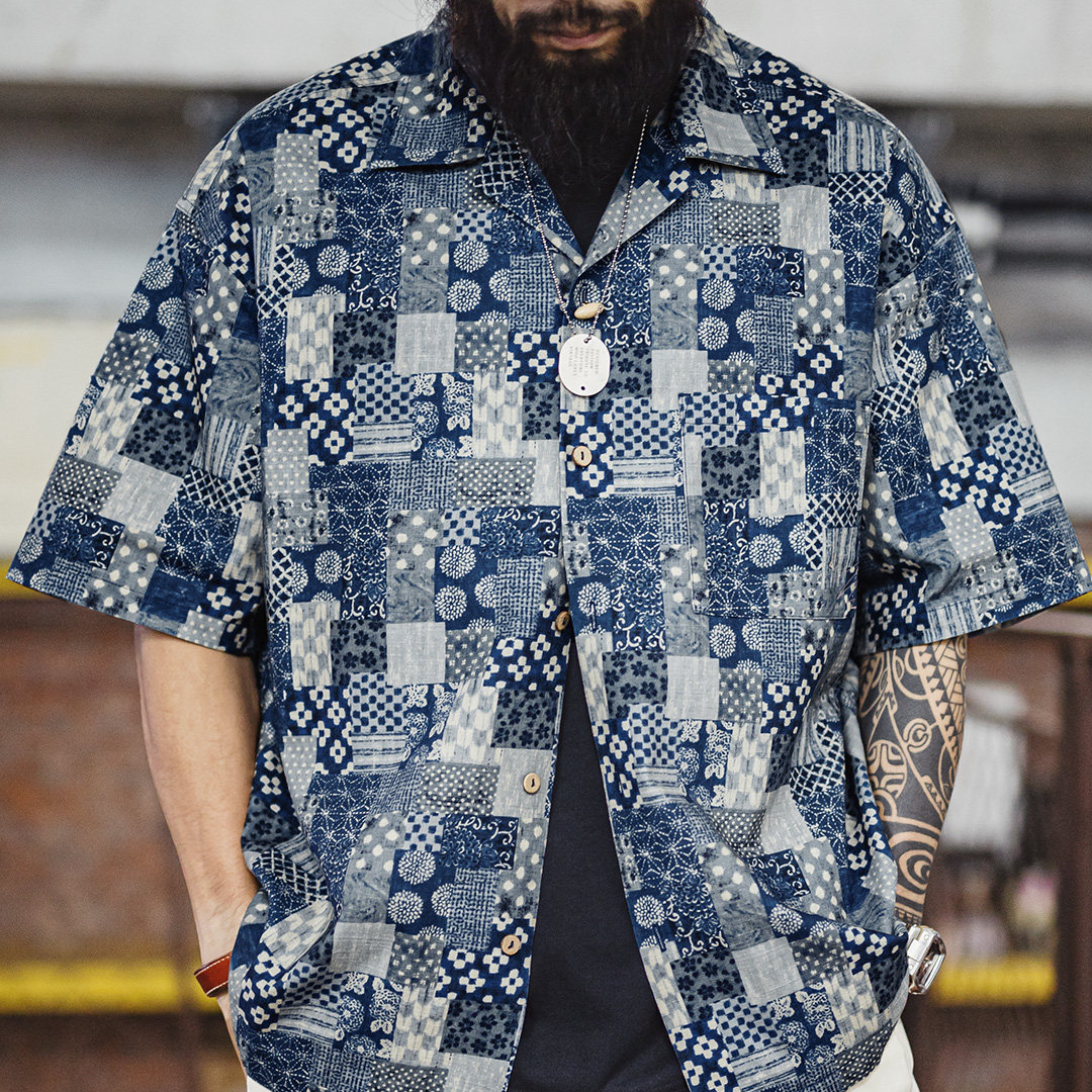 美式復古Boro古布短袖襯衫vintage印花牛仔襯衣外套男夏