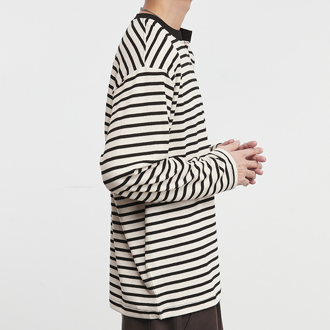 美式小V領210g條紋長袖簡敘T恤男秋冬季新款打底衫上衣潮