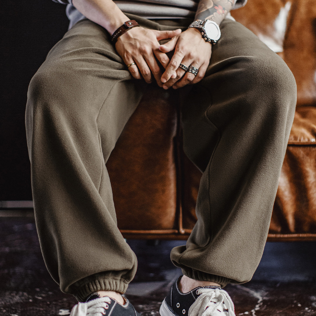 美式復古搖粒絨衛褲加絨保暖棕色美拉德束腳休閒褲男秋冬