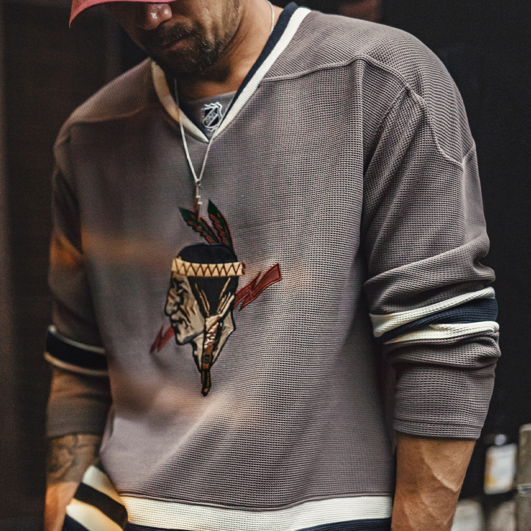 美式復古印第安v領華夫格長袖刺繡針織重磅衛衣外套男秋