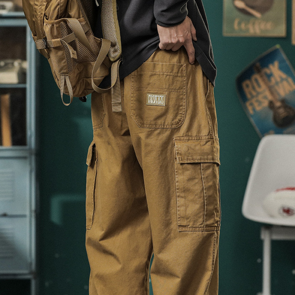美式復古潮牌機能工裝褲男秋季寬松闊腿休閑褲子戶外露營長褲