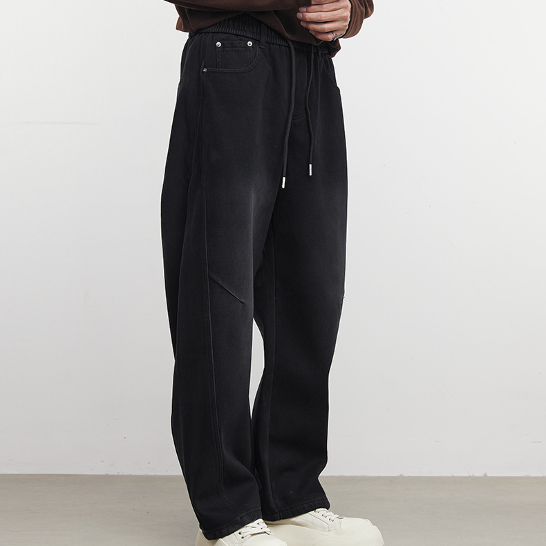 街頭480G重磅加厚休閒褲純色直筒長褲男秋冬季款小彎刀褲