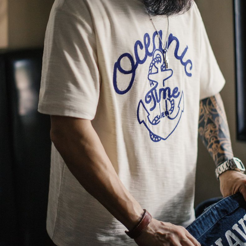 美式復古海軍刺繡T恤白色重磅竹節棉螺紋領口短袖男夏季