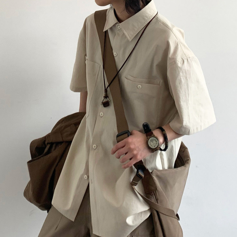 夏復古工裝短袖襯衫男女學生寬松基礎款廓形休閑襯衣