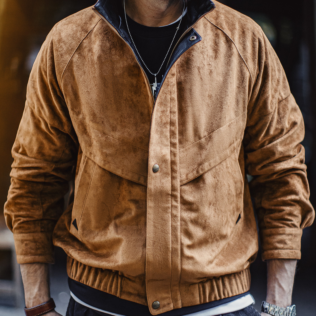 美式復古麂皮絨教練夾克立領短款美拉德翻毛皮外套男秋