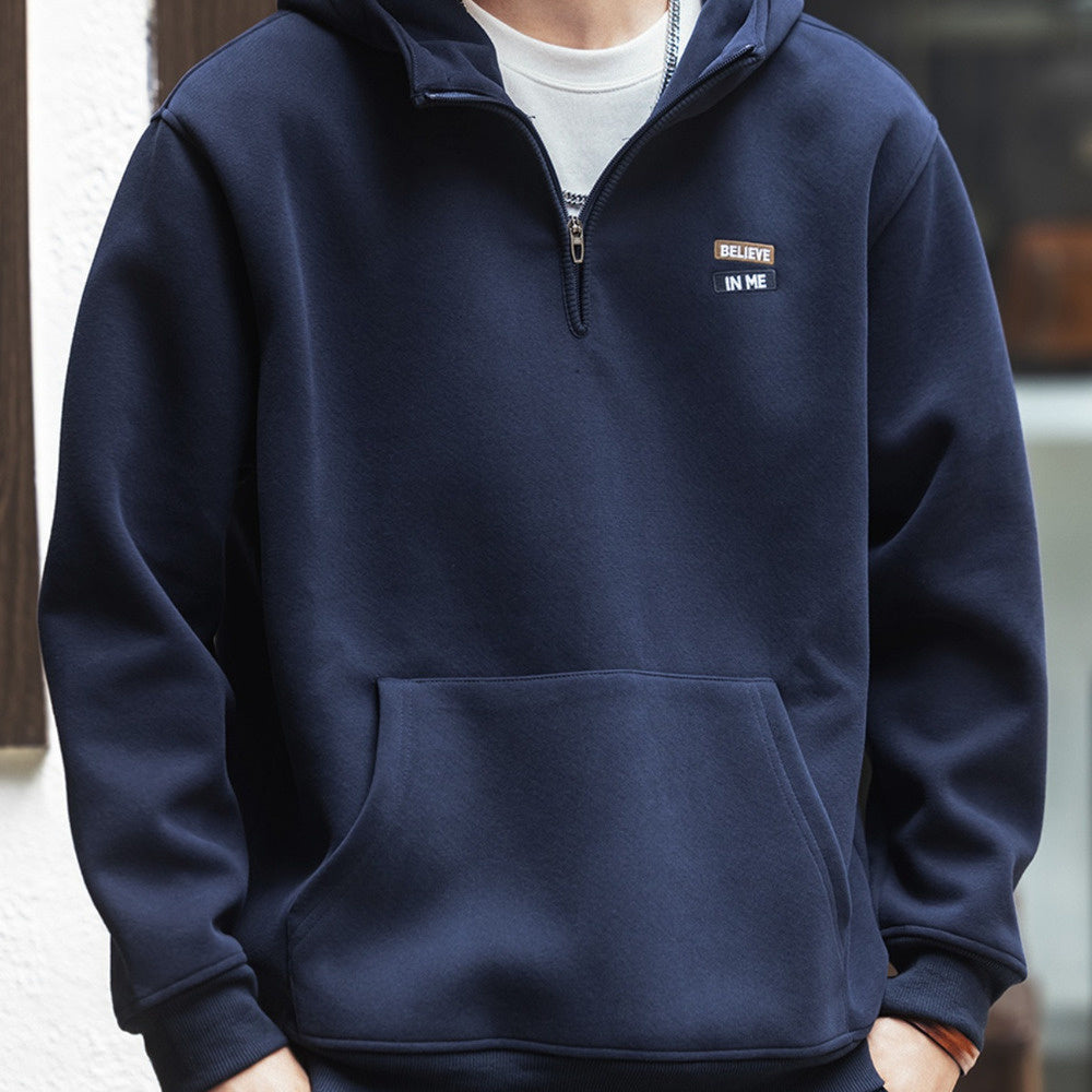 美式復古半拉鏈衛衣男秋季寬松潮牌休閑運動連帽上衣服