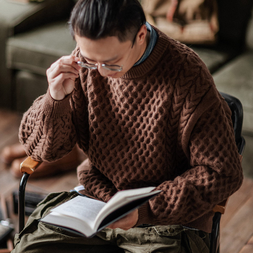 靛海阿美咔叽麻花寬松圓領針織衫男美式落肩套頭毛衣秋冬