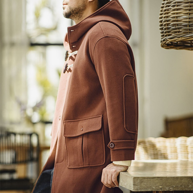 美式復古牛角扣連帽毛呢大衣學院風寬鬆長款外套男女秋冬