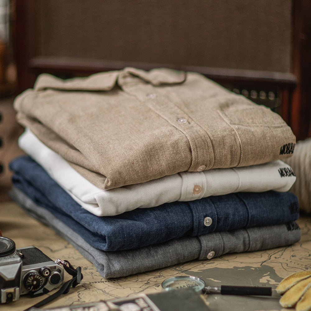 全棉磨毛厚寬松工裝襯衫純色長袖休閑襯衣男春秋外套