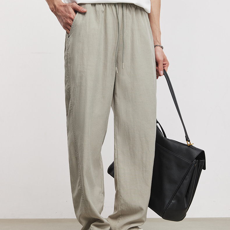 萊賽爾輕薄肌理休閒彎刀褲男夏季抽繩寬鬆透氣垂感通勤長褲