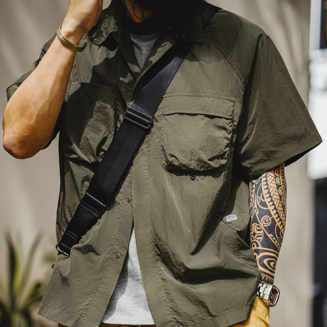 山系戶外短袖襯衫速幹黃色肌理感薄款日系口袋襯衣男款夏