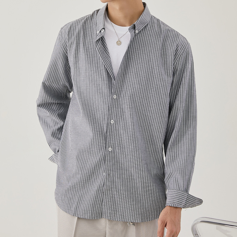 春秋新款輕商務翻領襯衣男條紋開衫長袖休閒男士襯衫