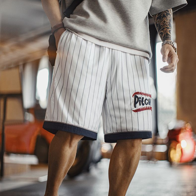 美式復古透氣籃球網眼短褲訓練寬鬆刺繡棒球五分褲男夏