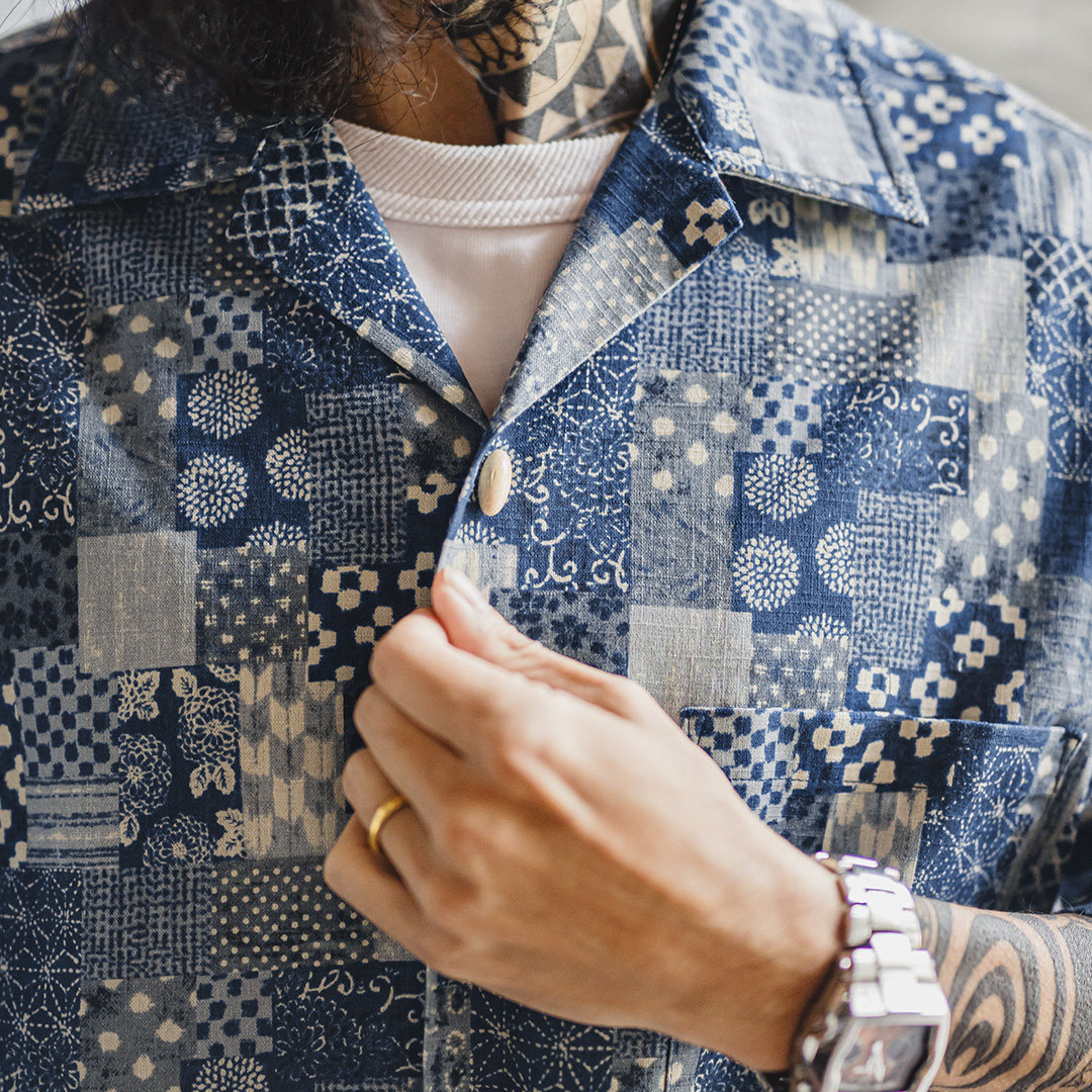 美式復古Boro古布短袖襯衫vintage印花牛仔襯衣外套男夏