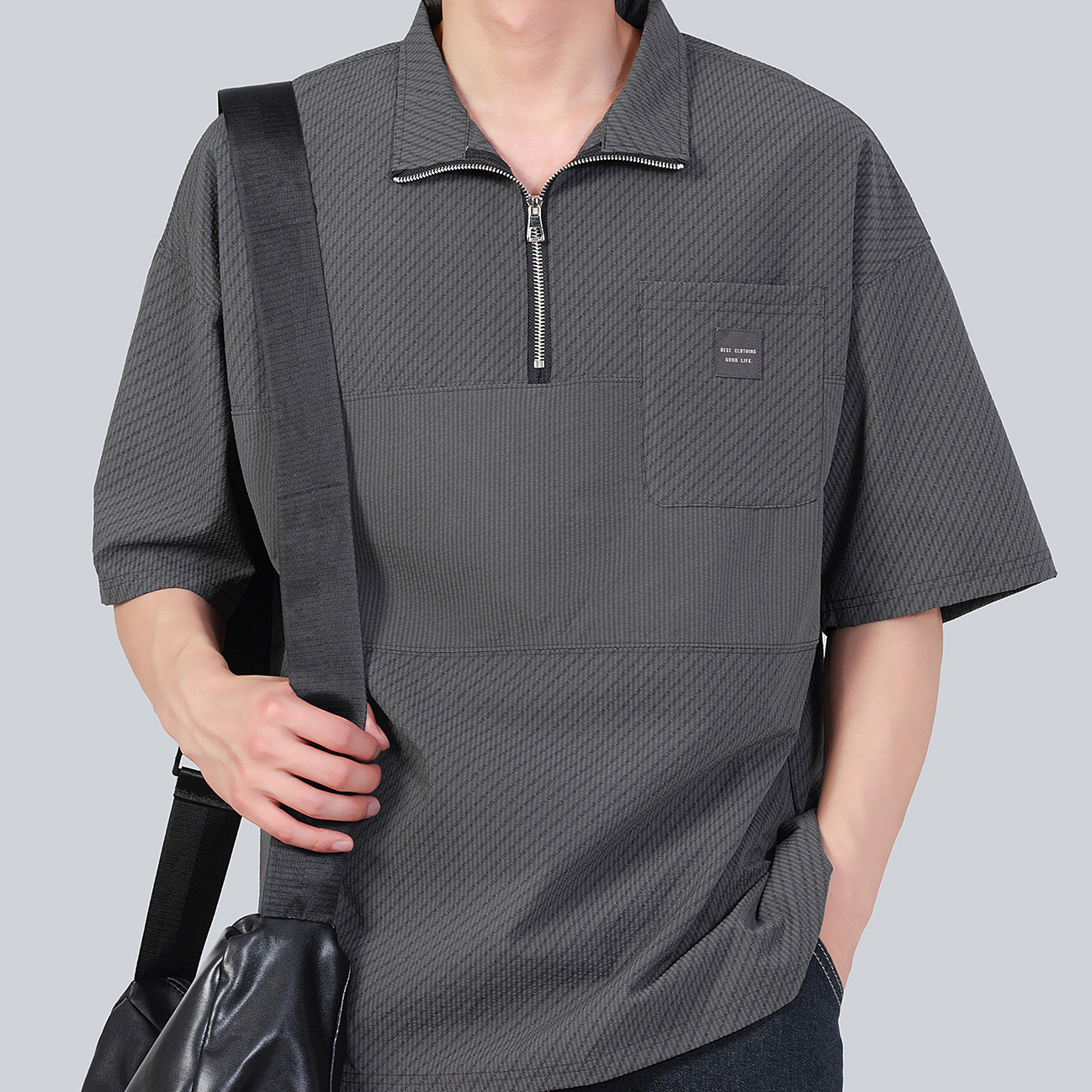 美式設計感拼接半拉鍊短袖polo衫T恤男夏季薄款透氣保羅衫