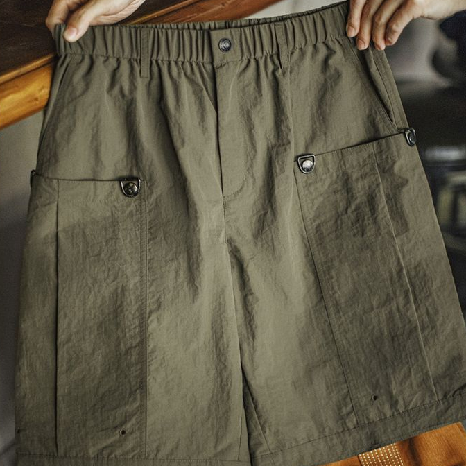 美式復古風琴大口袋軍綠色短褲直筒梭織薄款五分褲男夏季