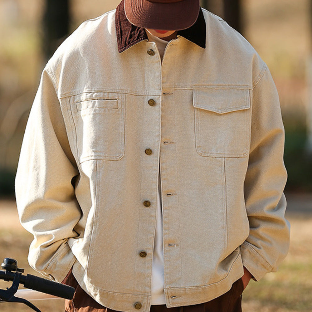 秋季翻領純色牛仔夾克男女寬松復古底特律多口袋工裝外套