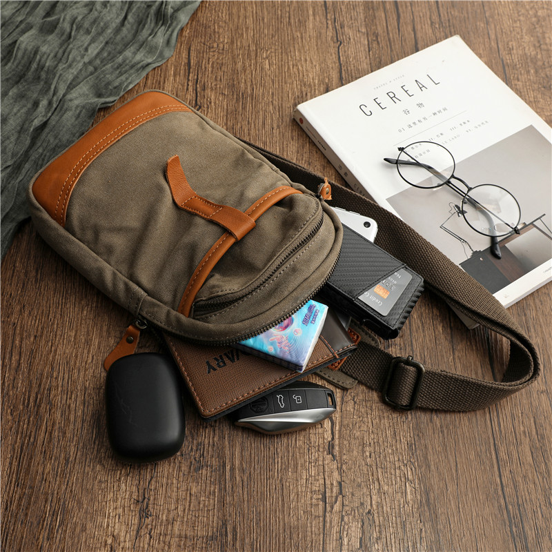 復古文藝胸包小揹包配真皮男士單肩斜挎包運動休閒大容量帆布包包