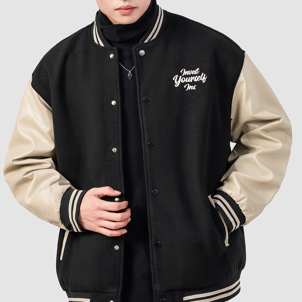 美式拼接pu皮棒球服外套男士春秋季情侶刺繡休閑夾克