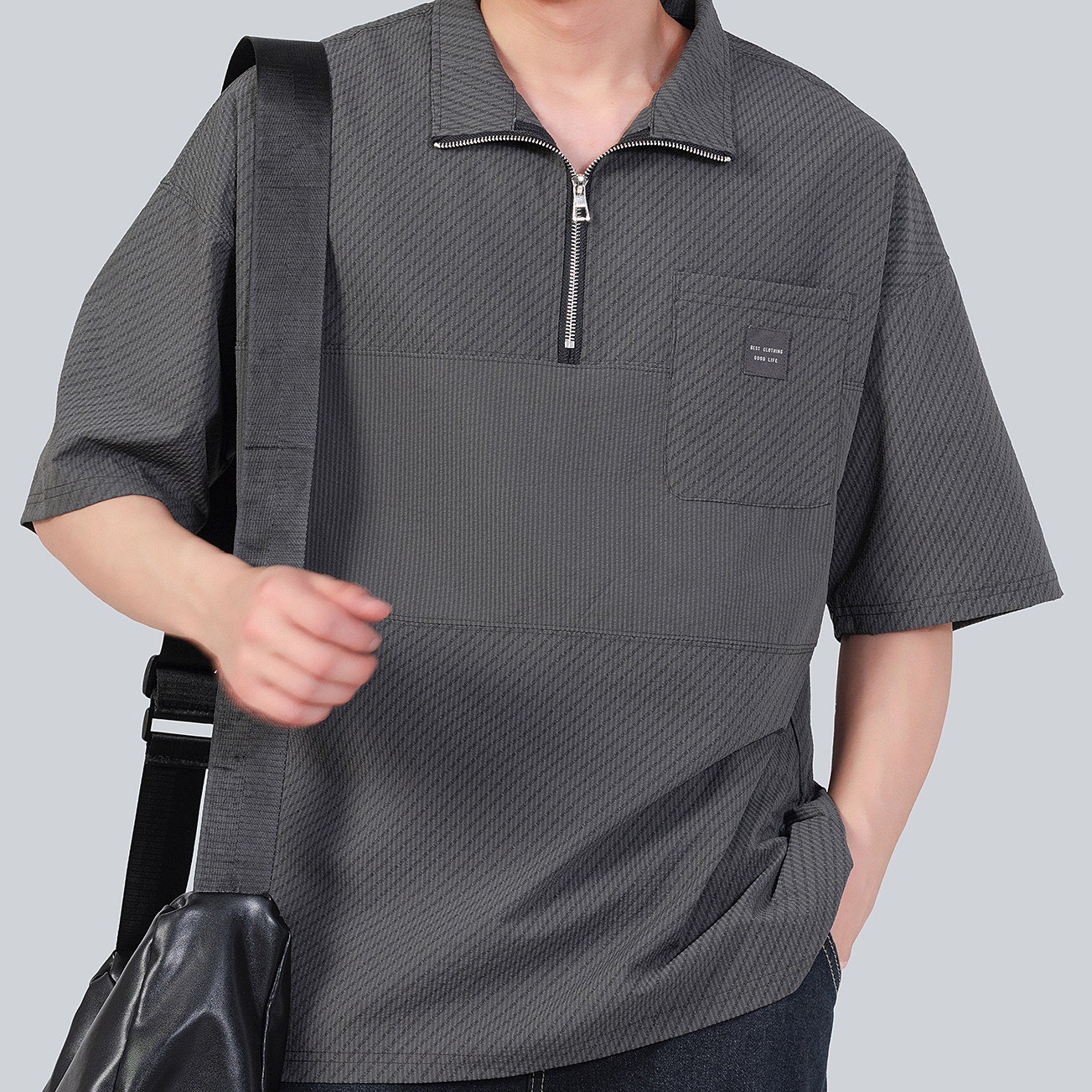 美式設計感拼接半拉鍊短袖polo衫T恤男夏季薄款透氣保羅衫