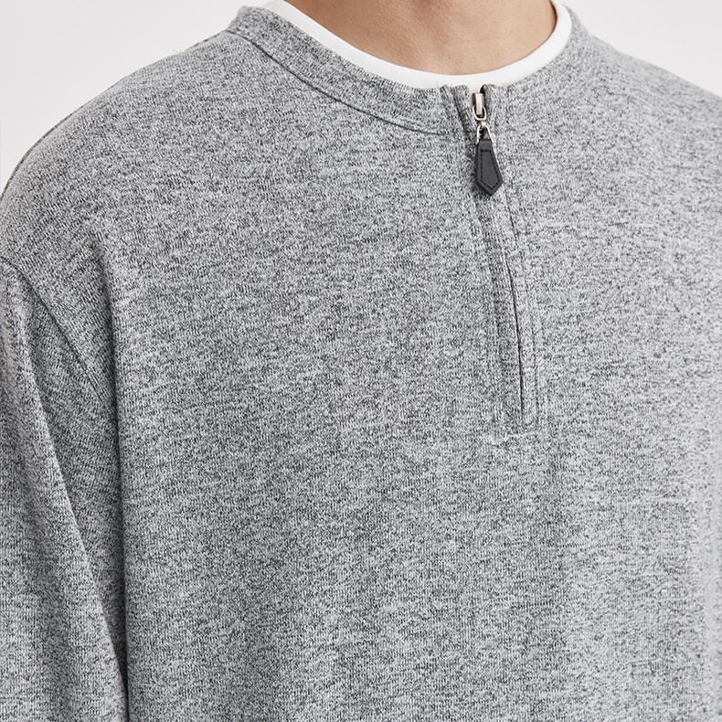 重磅260g半拉鍊假兩件圓領T恤男春季麻灰肌理親膚休閒長袖