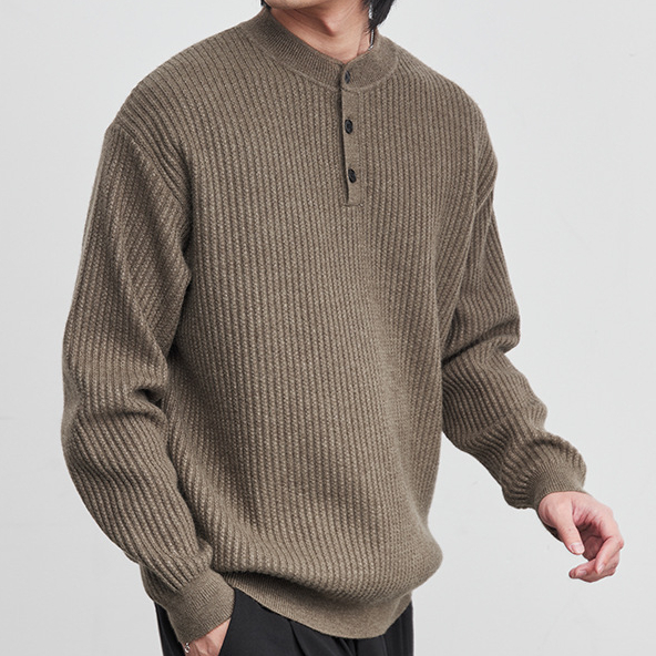 7針亨利領豎紋針織衫男2026春寬鬆立體純色百搭長袖套頭衫