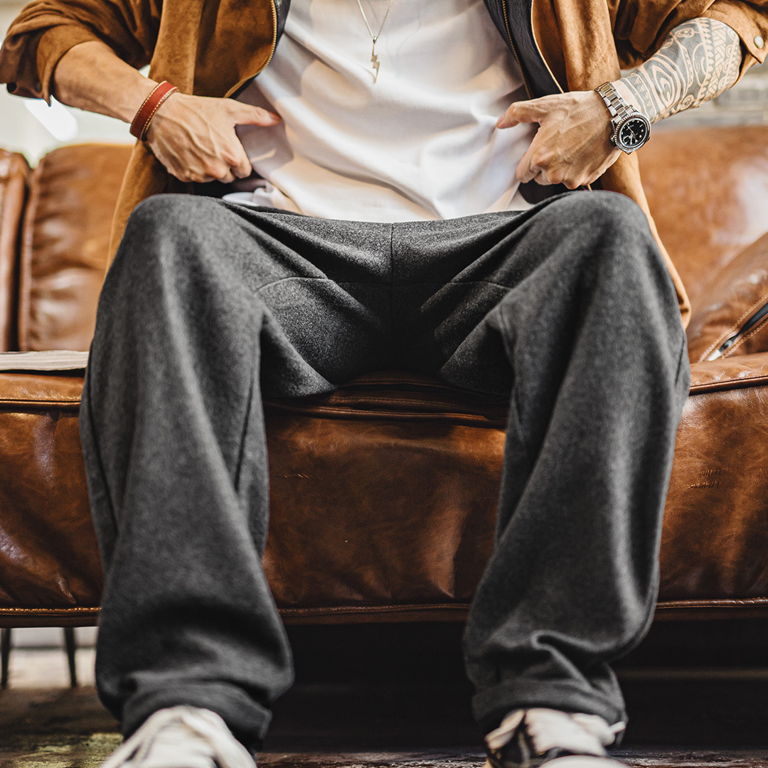 美式灰黑色毛呢西褲老錢風直筒休閒褲垂墜感長褲子男秋冬