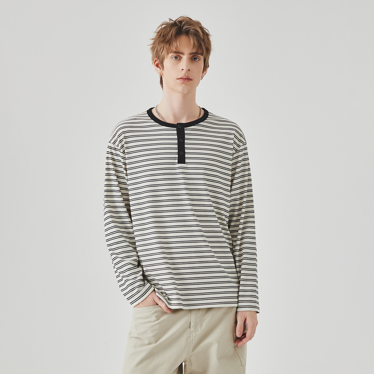 撞色條紋長袖男T恤春季新款潮牌寬鬆圓領內搭上衣打底衫