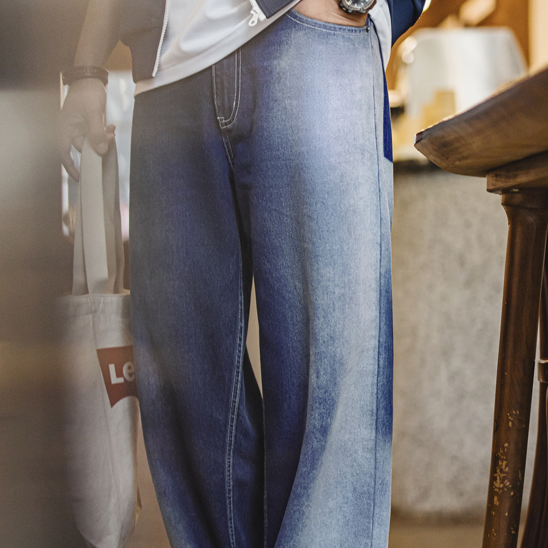 美式漸變冰藍色牛仔褲水洗丹寧萊賽爾cleanfit休閒褲男秋