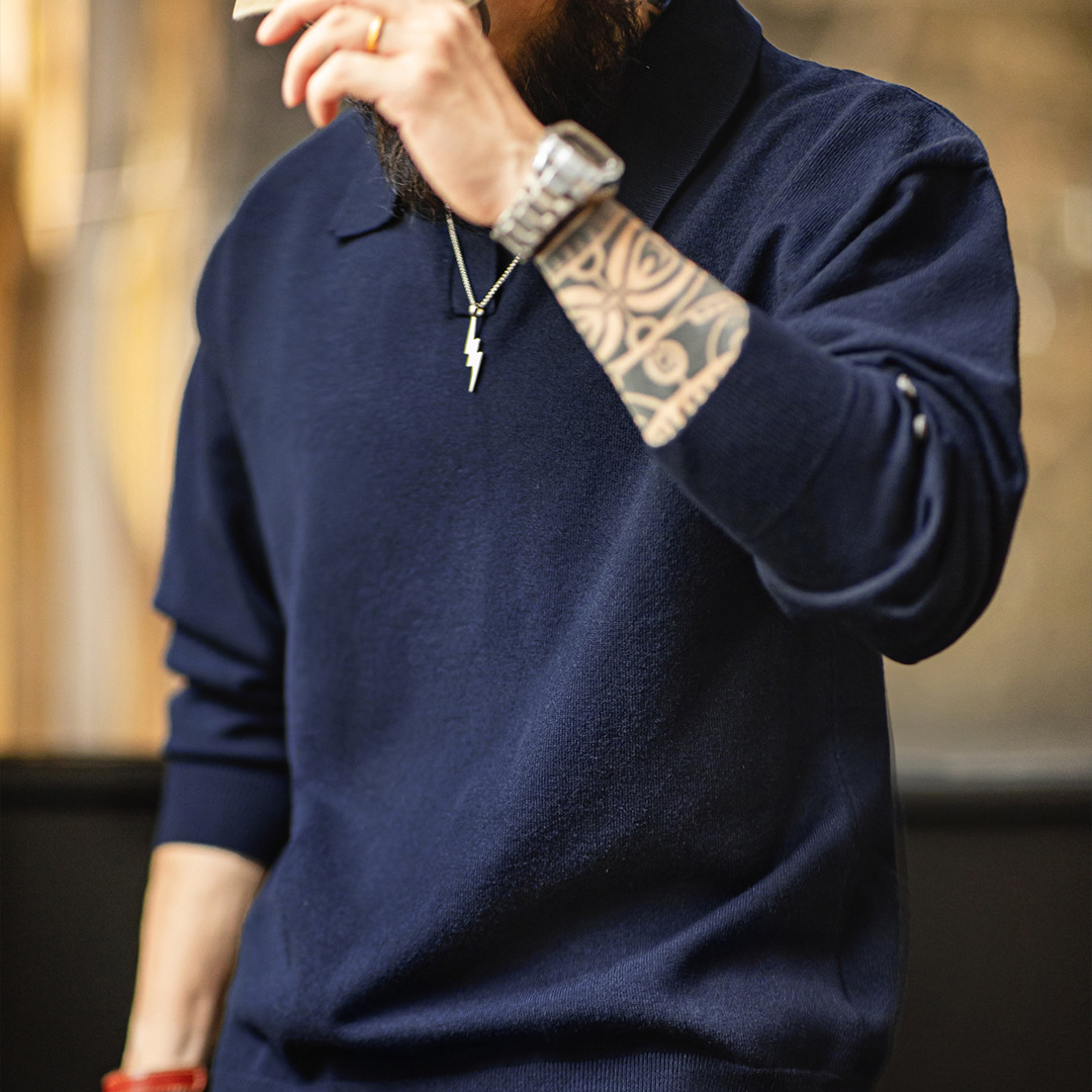 美式休閒海鷗polo領衛衣老錢風灰色針織長袖polo衫男秋季