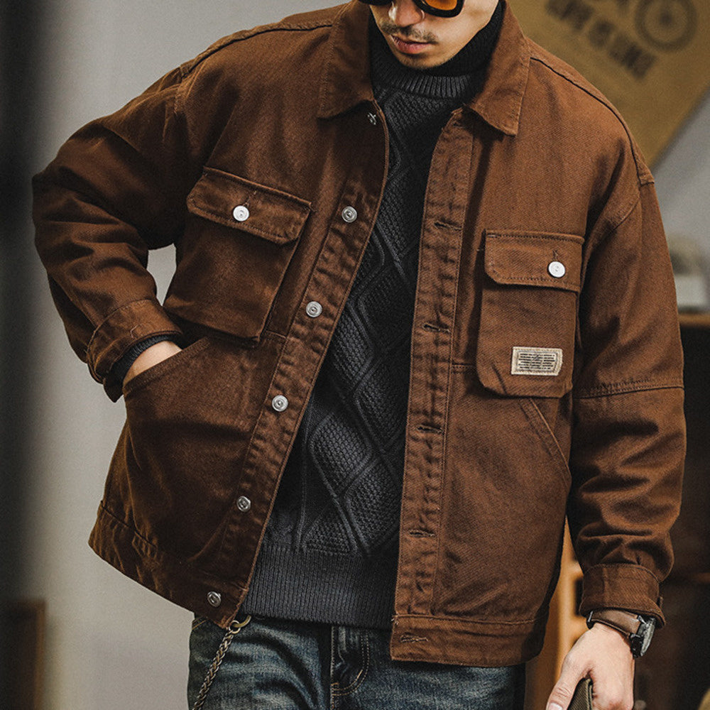 美式復古多口袋工裝夾克男翻領春秋款潮牌牛仔外套男寬松純棉