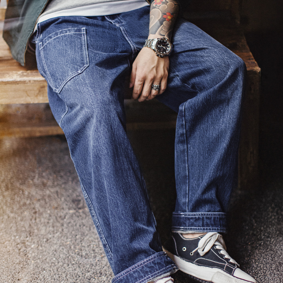 美式竹節水洗牛仔褲丹寧藍色直筒微錐型休閒長褲子男秋冬