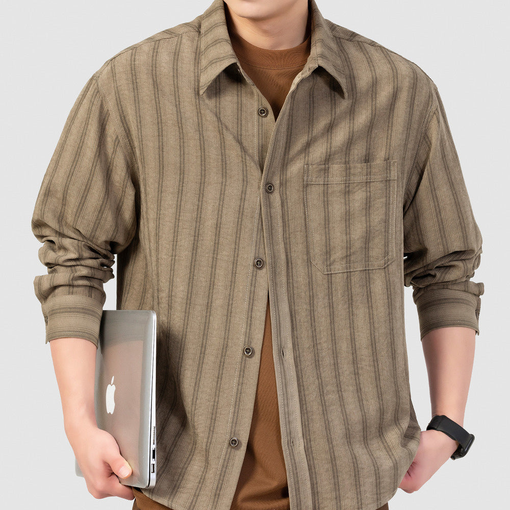 春季新款銅氨絲條紋襯衫男美式潮牌抗皺柔順長袖襯衣