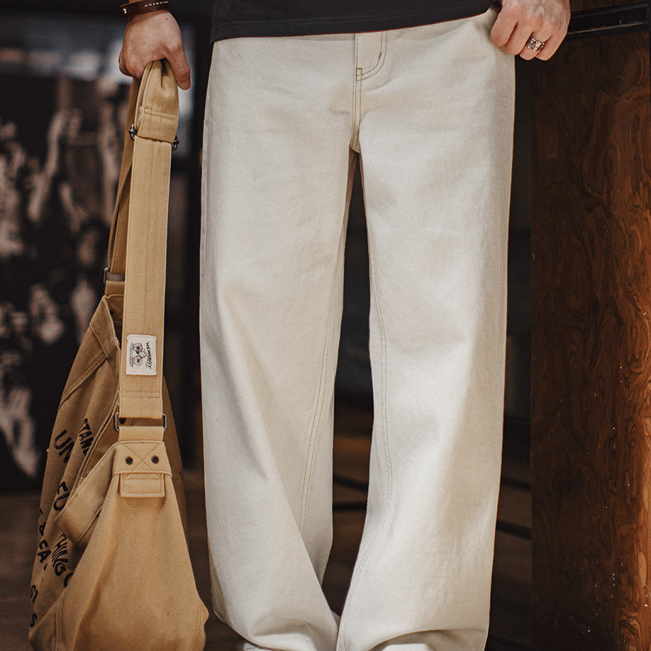 美式復古白色牛仔褲直筒cleanfit闊腿垂感寬鬆休閒褲男冬